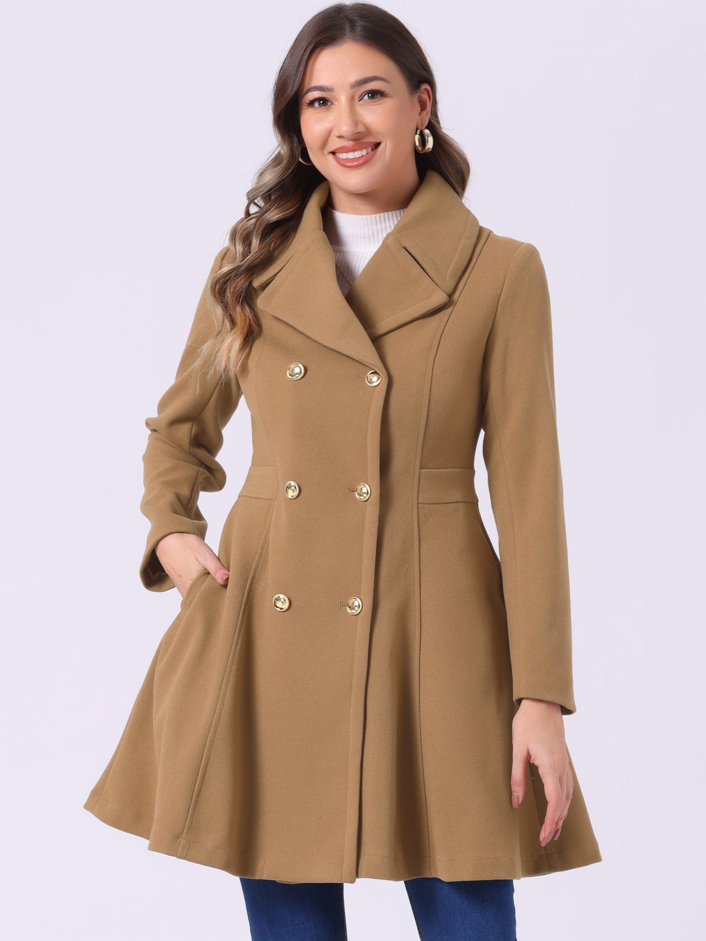 Allegra K Winter Long Lapel Collar Contrast Double Breast Coat