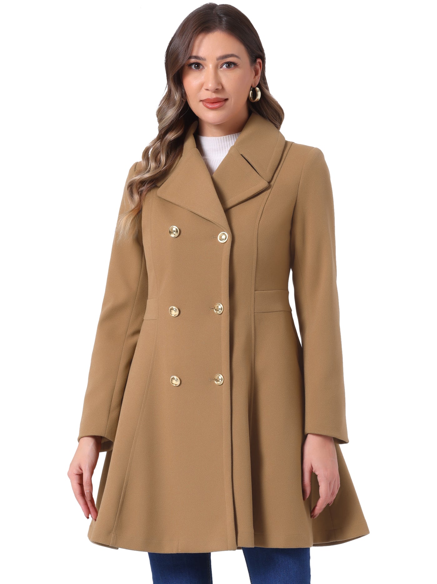 Allegra K Winter Long Lapel Collar Contrast Double Breast Coat