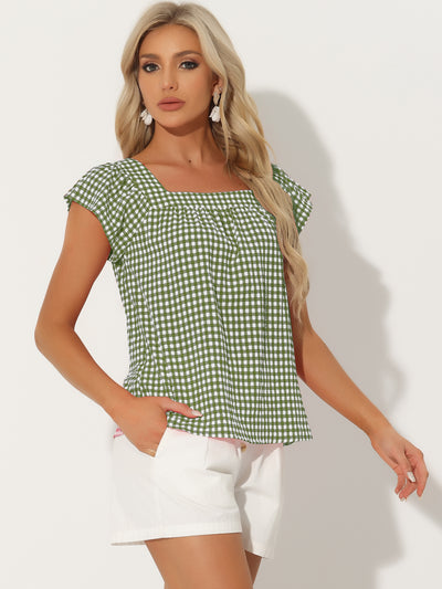 Square Neck Short Sleeves Gingham Plaid Blouse