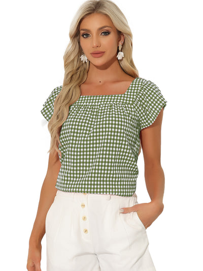 Square Neck Short Sleeves Gingham Plaid Blouse