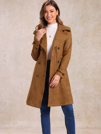 Faux Suede Notched Cuff Solid Double Breasted Tie Belt Trench Coat