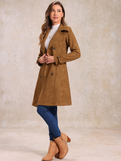 Faux Suede Notched Cuff Solid Double Breasted Tie Belt Trench Coat