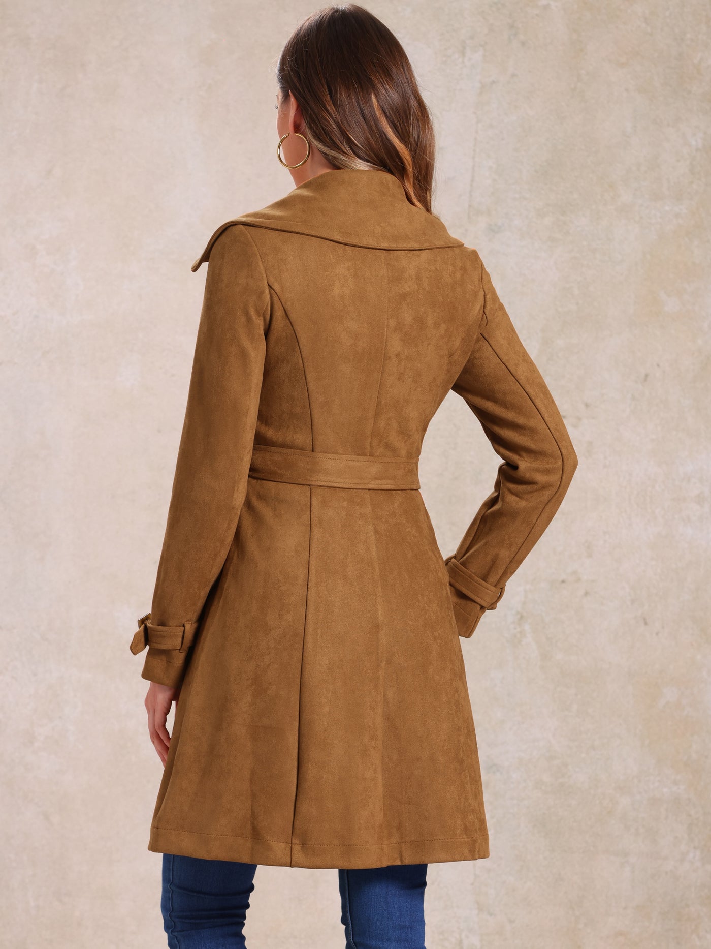 Allegra K Faux Suede Notched Cuff Solid Double Breasted Tie Belt Trench Coat