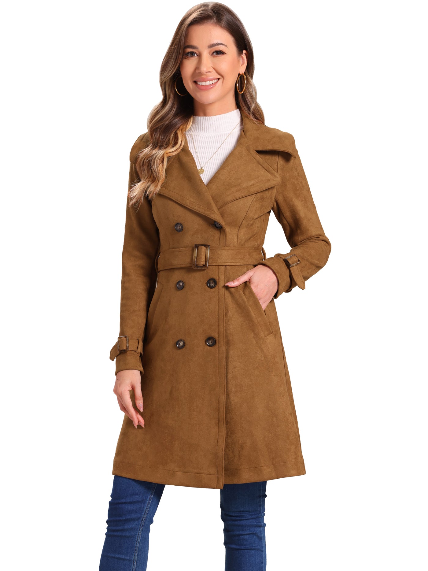 Allegra K Faux Suede Notched Cuff Solid Double Breasted Tie Belt Trench Coat