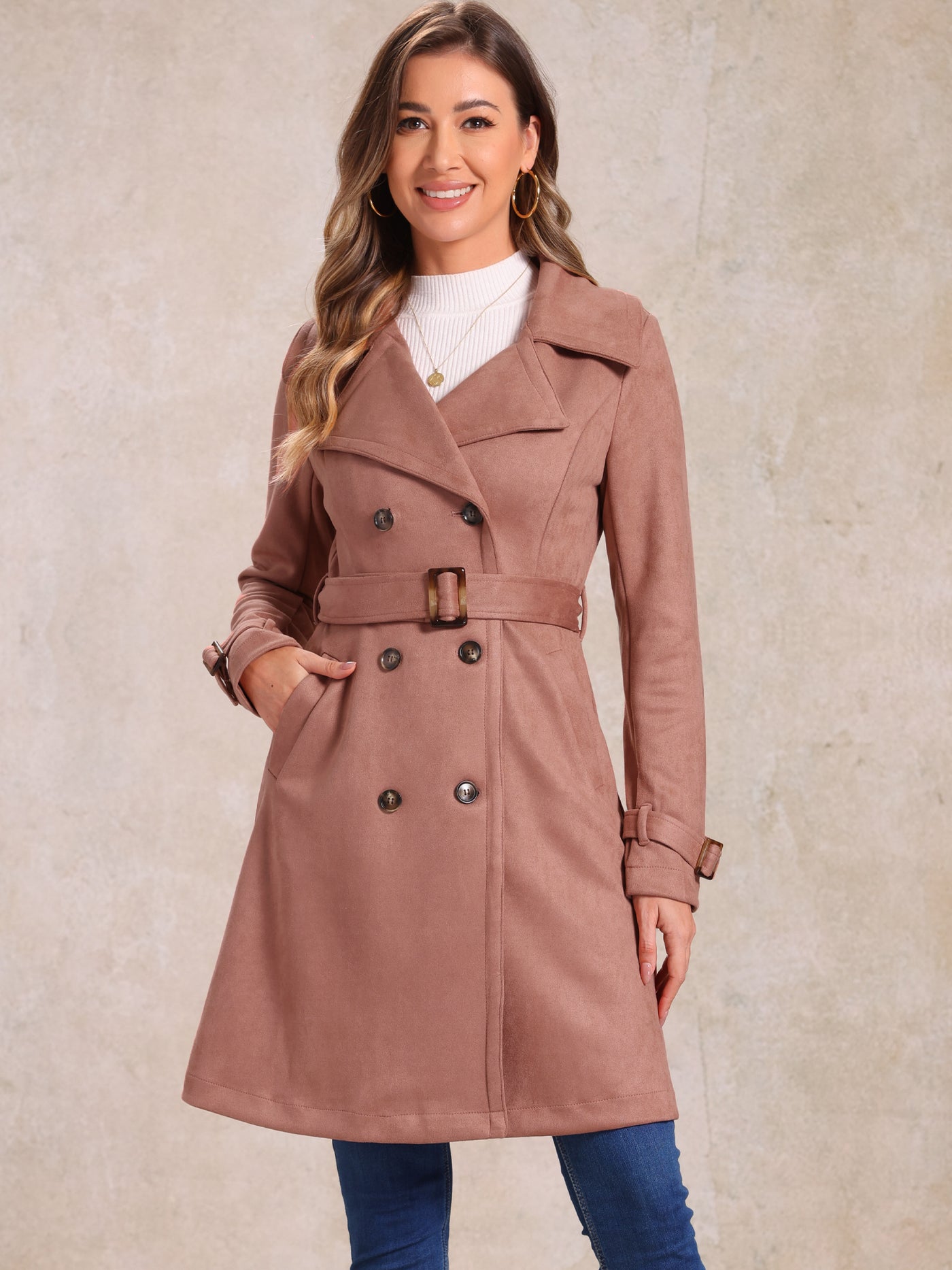 Allegra K Faux Suede Notched Cuff Solid Double Breasted Tie Belt Trench Coat