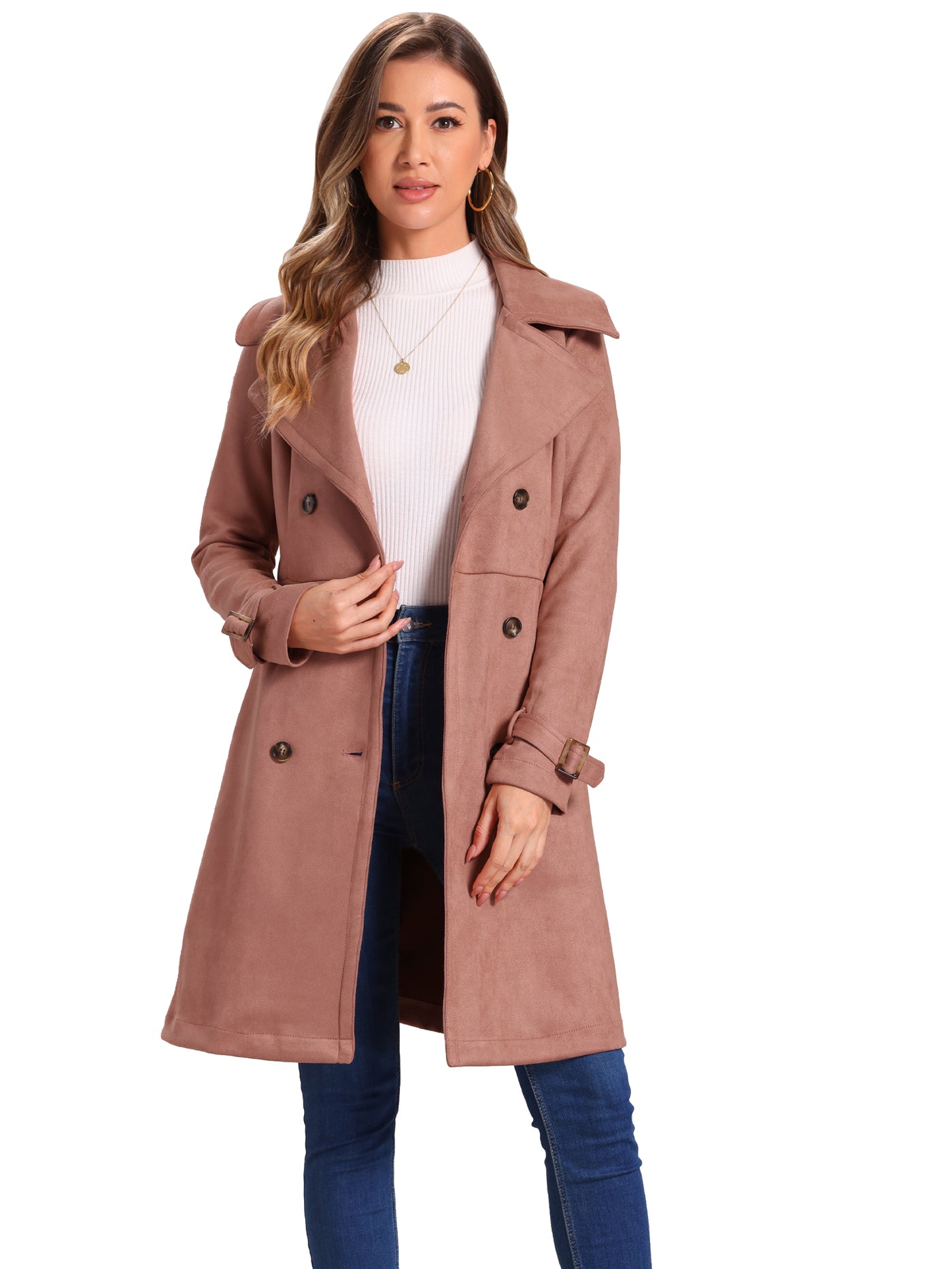 Allegra K Faux Suede Notched Cuff Solid Double Breasted Tie Belt Trench Coat