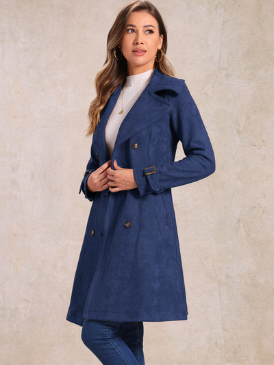 Faux Suede Notched Cuff Solid Double Breasted Tie Belt Trench Coat