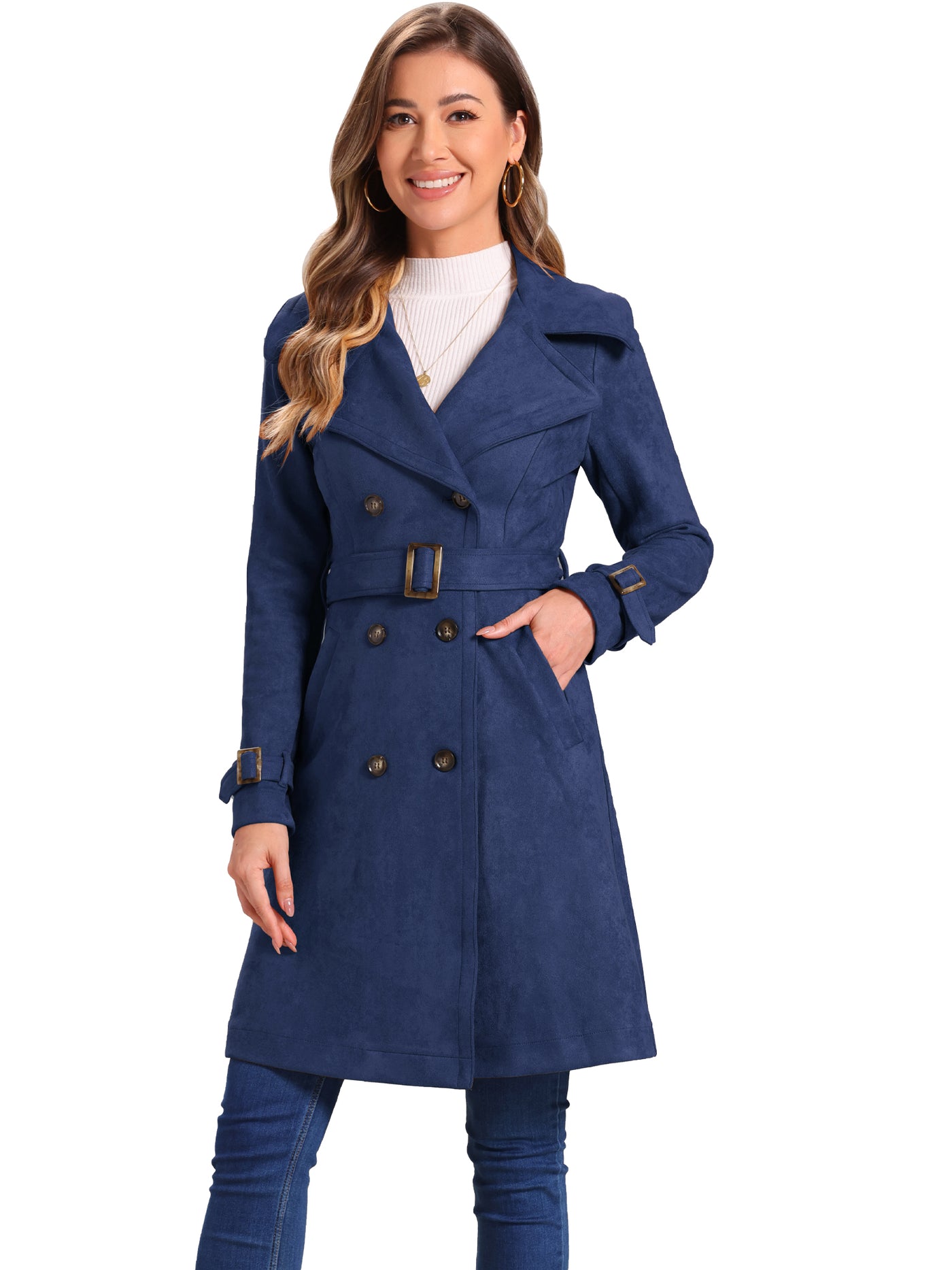 Allegra K Faux Suede Notched Cuff Solid Double Breasted Tie Belt Trench Coat