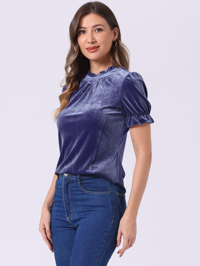 Ruffle Collar Short Cuff Sleeve Velvet Tops Blouse