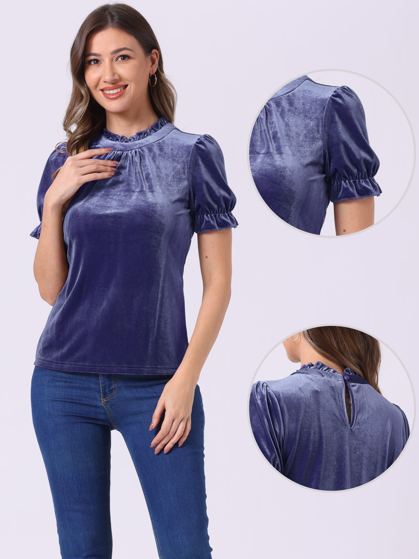 Allegra K Ruffle Collar Short Cuff Sleeve Velvet Tops Blouse