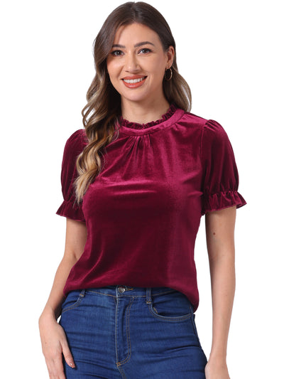 Ruffle Collar Short Cuff Sleeve Velvet Tops Blouse