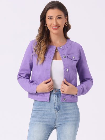 Casual Button Down Collarless Long Sleeve Denim Jacket