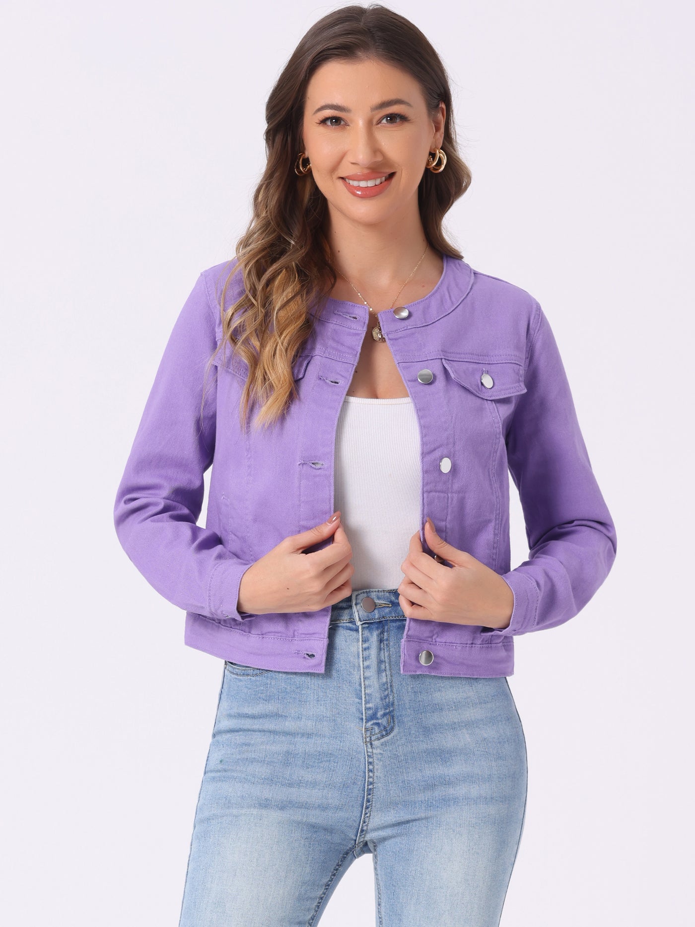 Allegra K Casual Button Down Collarless Long Sleeve Denim Jacket