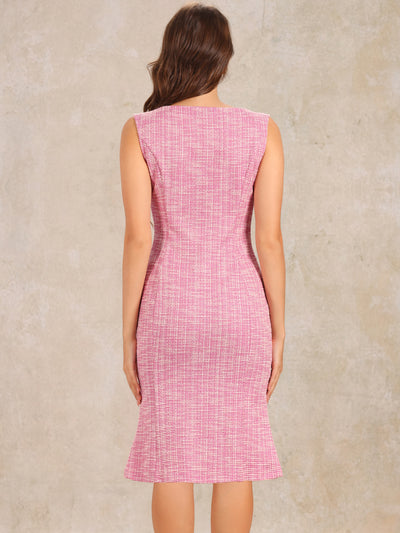 Tweed Sleeveless Elegant Plaid Cocktail Bodycon Fishtail Midi Dress