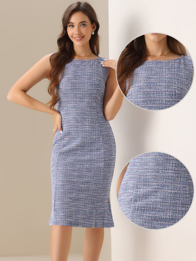 Tweed Sleeveless Elegant Plaid Cocktail Bodycon Fishtail Midi Dress