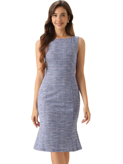 Tweed Sleeveless Elegant Plaid Cocktail Bodycon Fishtail Midi Dress