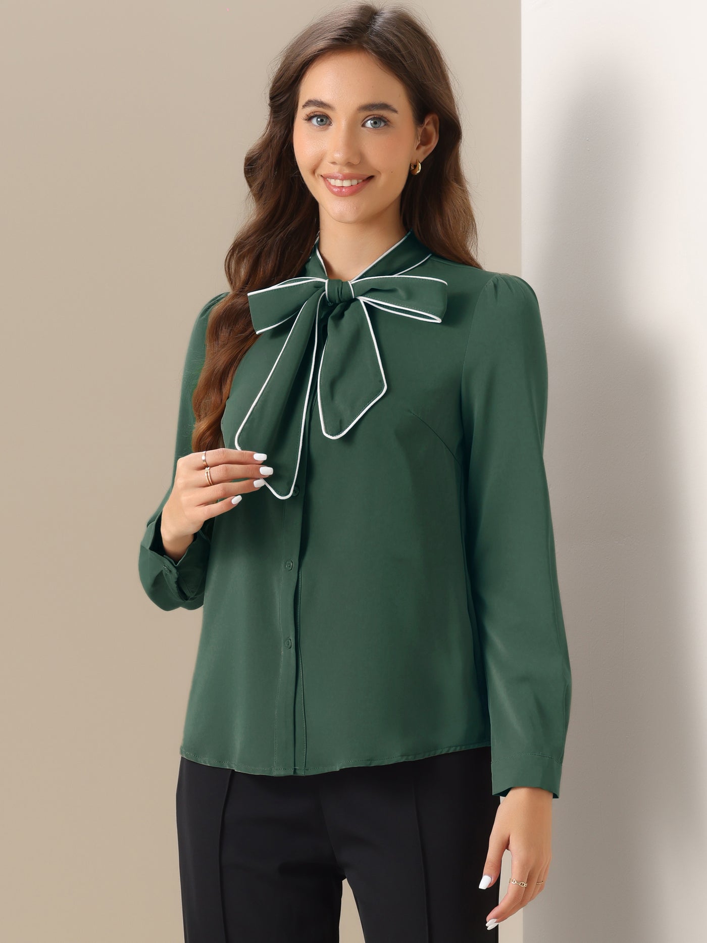 Allegra K Tie Neck Contrast Color Button Down Long Sleeve Shirt