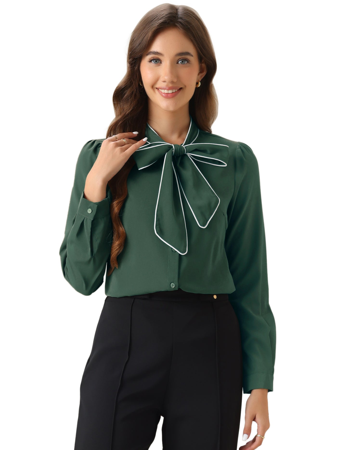 Allegra K Tie Neck Contrast Color Button Down Long Sleeve Shirt