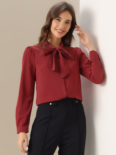 Tie Neck Contrast Color Button Down Long Sleeve Shirt