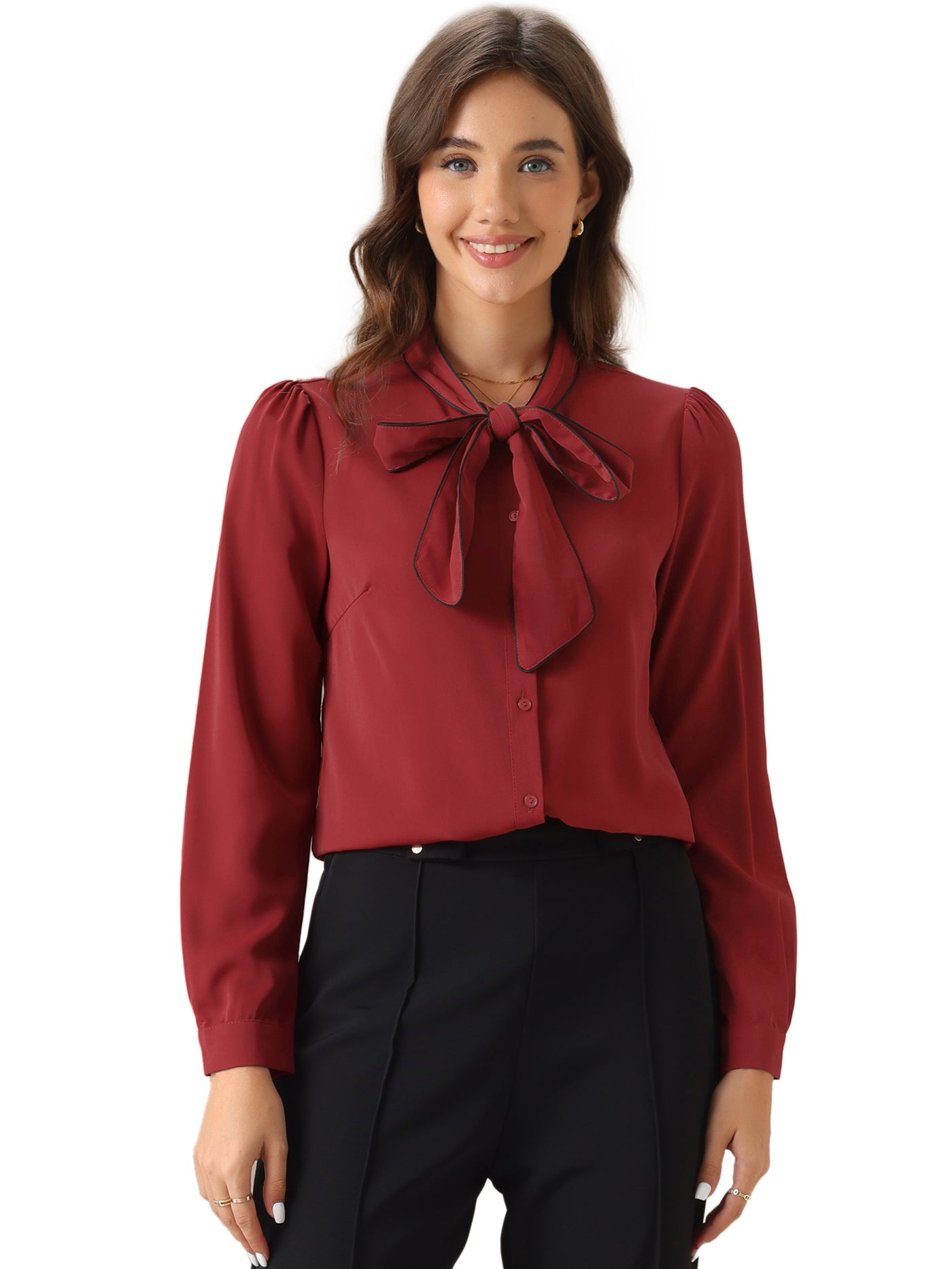 Allegra K Tie Neck Contrast Color Button Down Long Sleeve Shirt