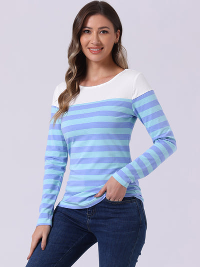 Long Sleeve Striped Color Block Round Neck T-Shirt