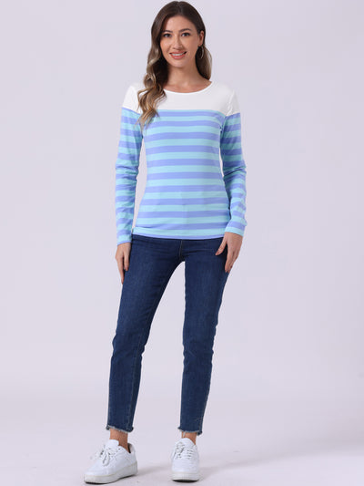 Long Sleeve Striped Color Block Round Neck T-Shirt