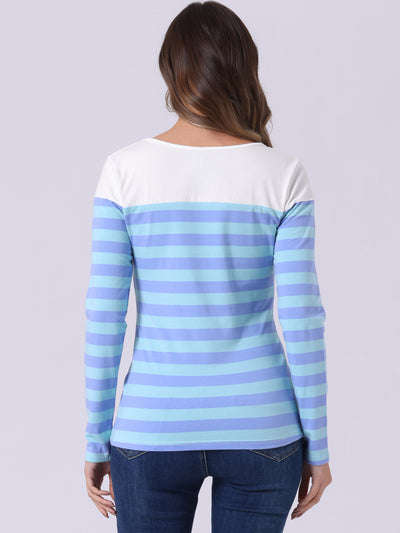 Long Sleeve Striped Color Block Round Neck T-Shirt