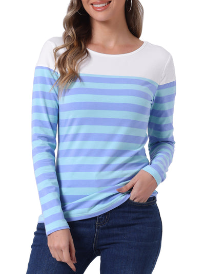 Long Sleeve Striped Color Block Round Neck T-Shirt