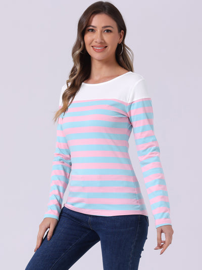 Long Sleeve Striped Color Block Round Neck T-Shirt