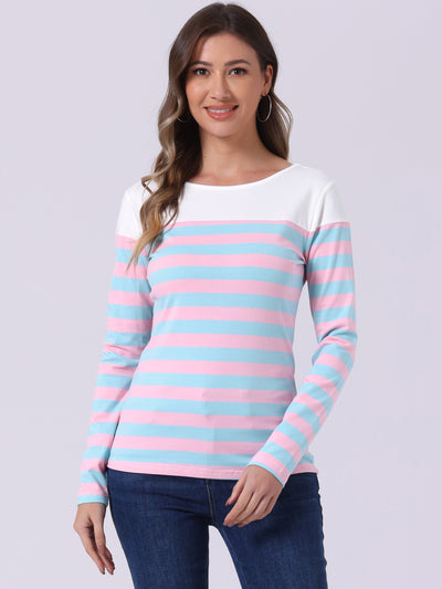 Long Sleeve Striped Color Block Round Neck T-Shirt