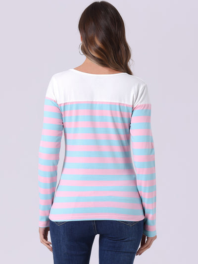 Long Sleeve Striped Color Block Round Neck T-Shirt