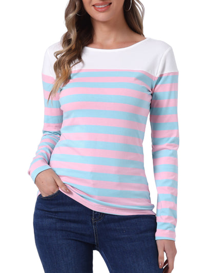 Long Sleeve Striped Color Block Round Neck T-Shirt