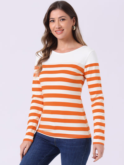 Long Sleeve Striped Color Block Round Neck T-Shirt