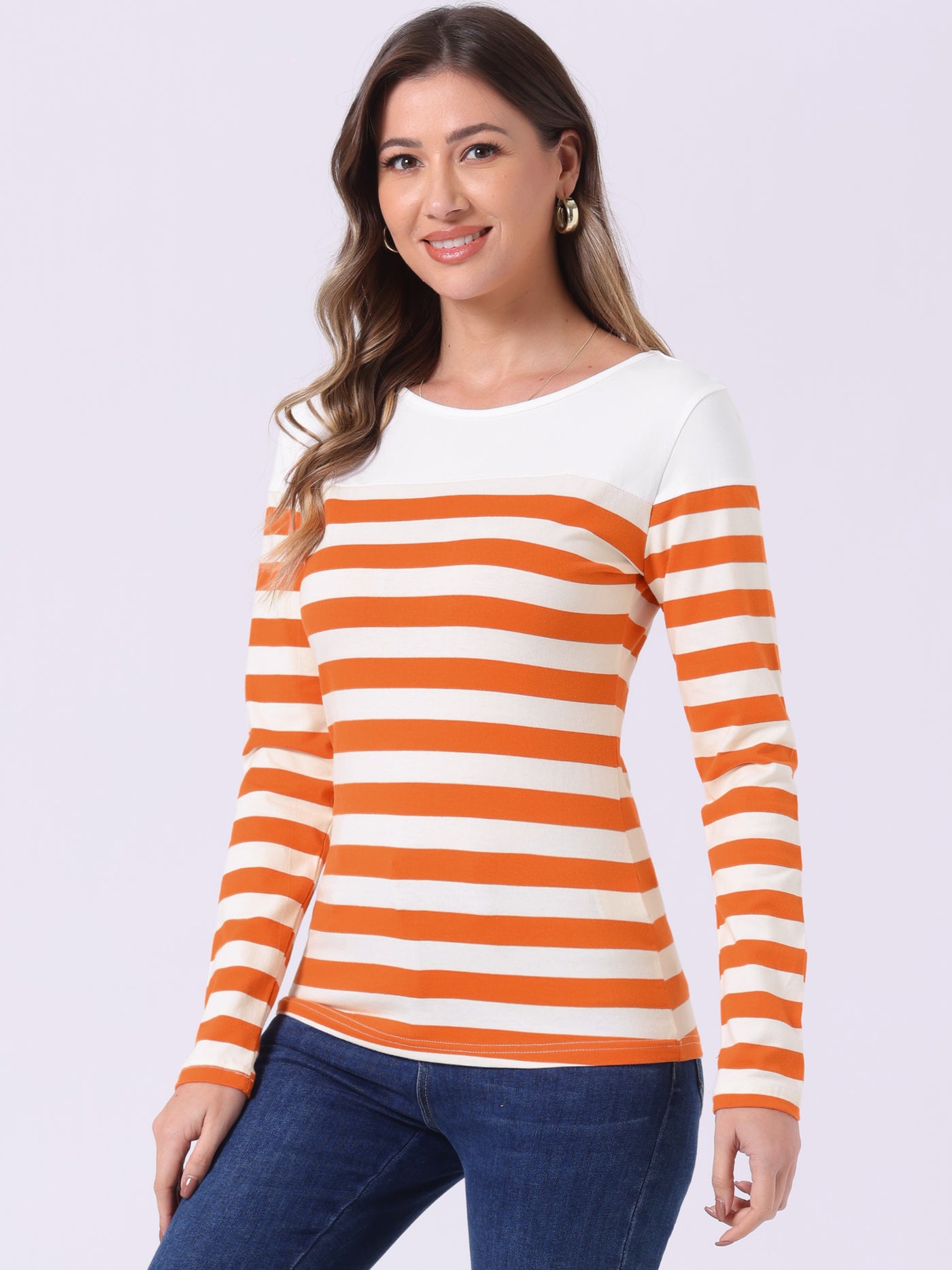 Allegra K Long Sleeve Striped Color Block Round Neck T-Shirt