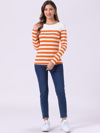 Long Sleeve Striped Color Block Round Neck T-Shirt