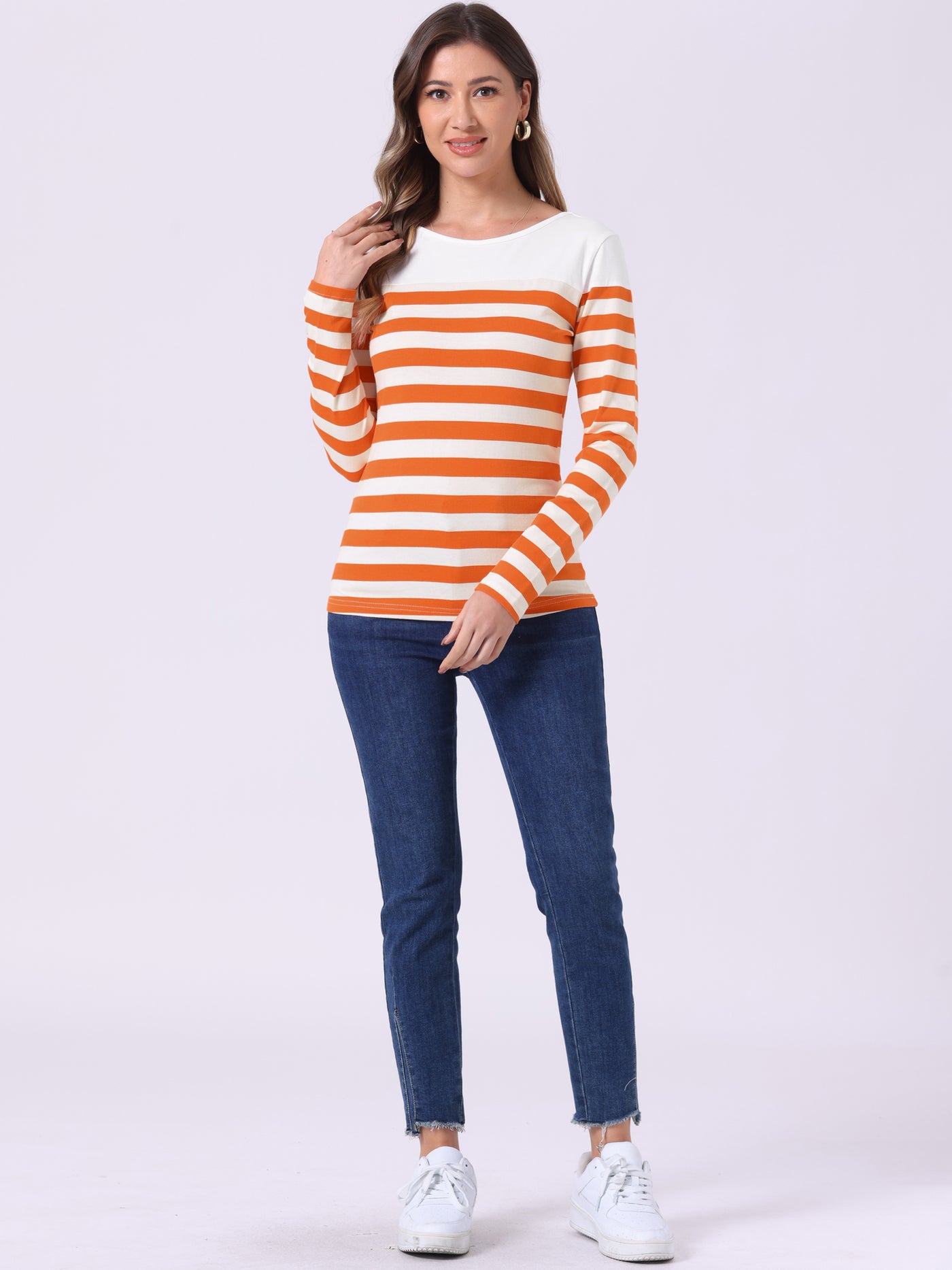 Allegra K Long Sleeve Striped Color Block Round Neck T-Shirt