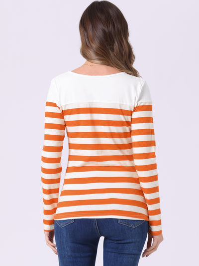 Long Sleeve Striped Color Block Round Neck T-Shirt