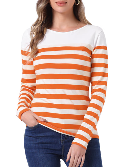 Long Sleeve Striped Color Block Round Neck T-Shirt