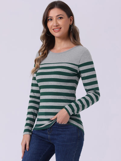 Long Sleeve Striped Color Block Round Neck T-Shirt