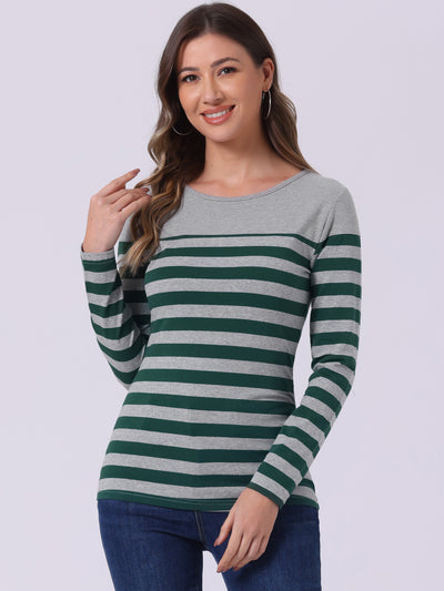 Long Sleeve Striped Color Block Round Neck T-Shirt