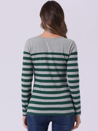 Long Sleeve Striped Color Block Round Neck T-Shirt