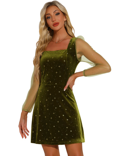 Sheer Puff Sleeve Square Neck Glitter Metallic Star Velvet Mini Dress