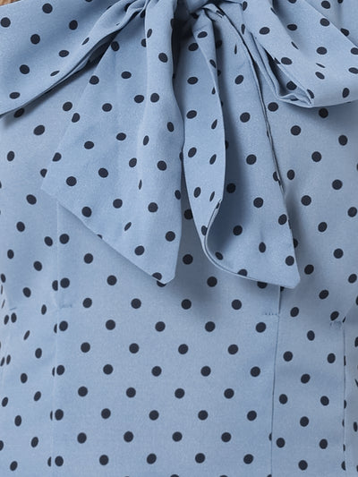 Summer Polka Dots Top Bow Tie V Neck Ruffled Cap Sleeve Office Blouse