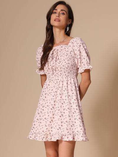 Puff Sleeve Square Neck Ruffled Hem Floral Smocked Dress