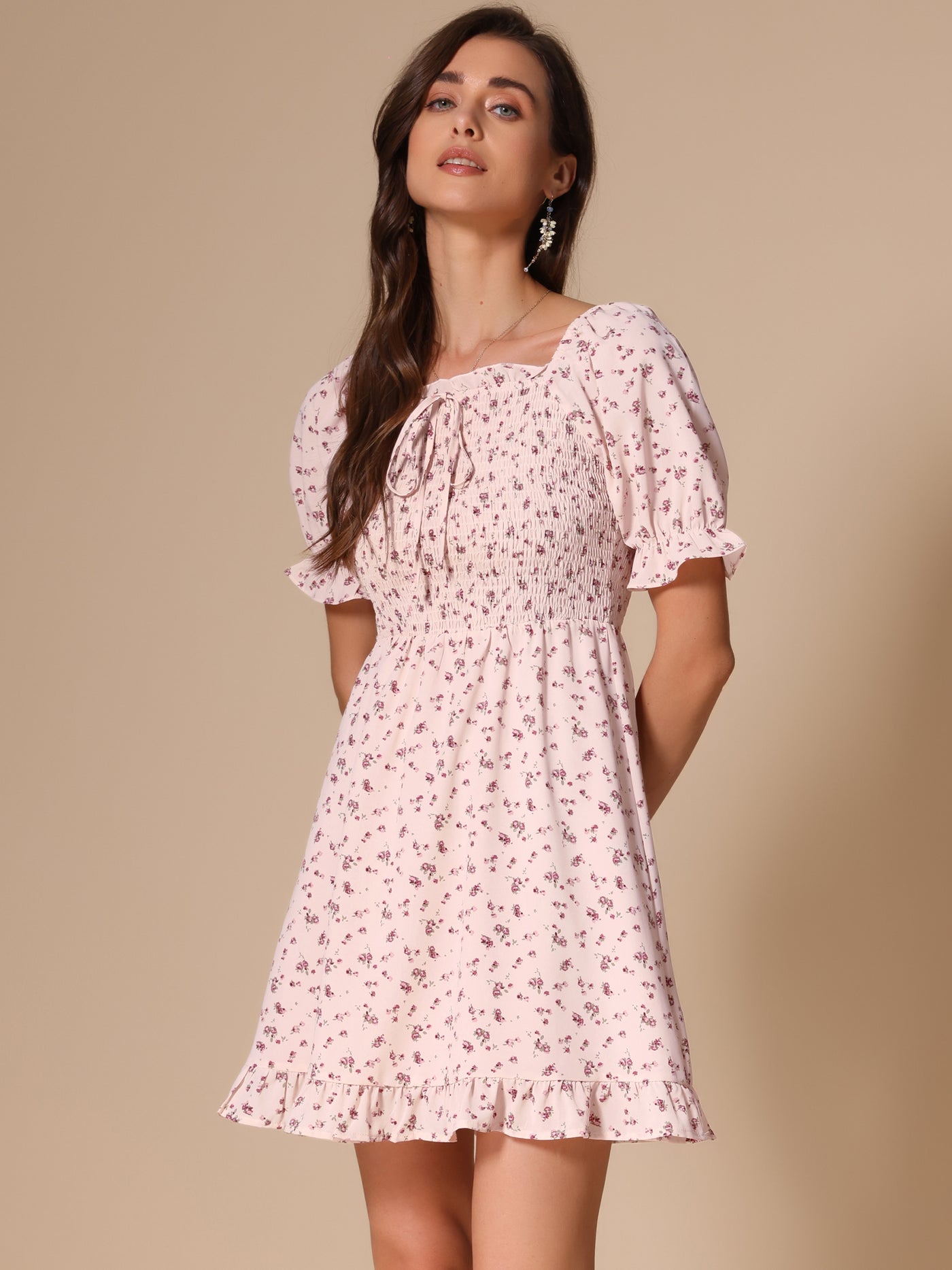 Allegra K Puff Sleeve Square Neck Ruffled Hem Floral Smocked Dress