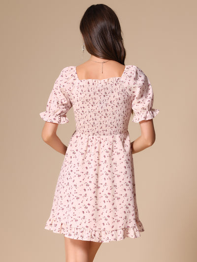 Puff Sleeve Square Neck Ruffled Hem Floral Smocked Dress