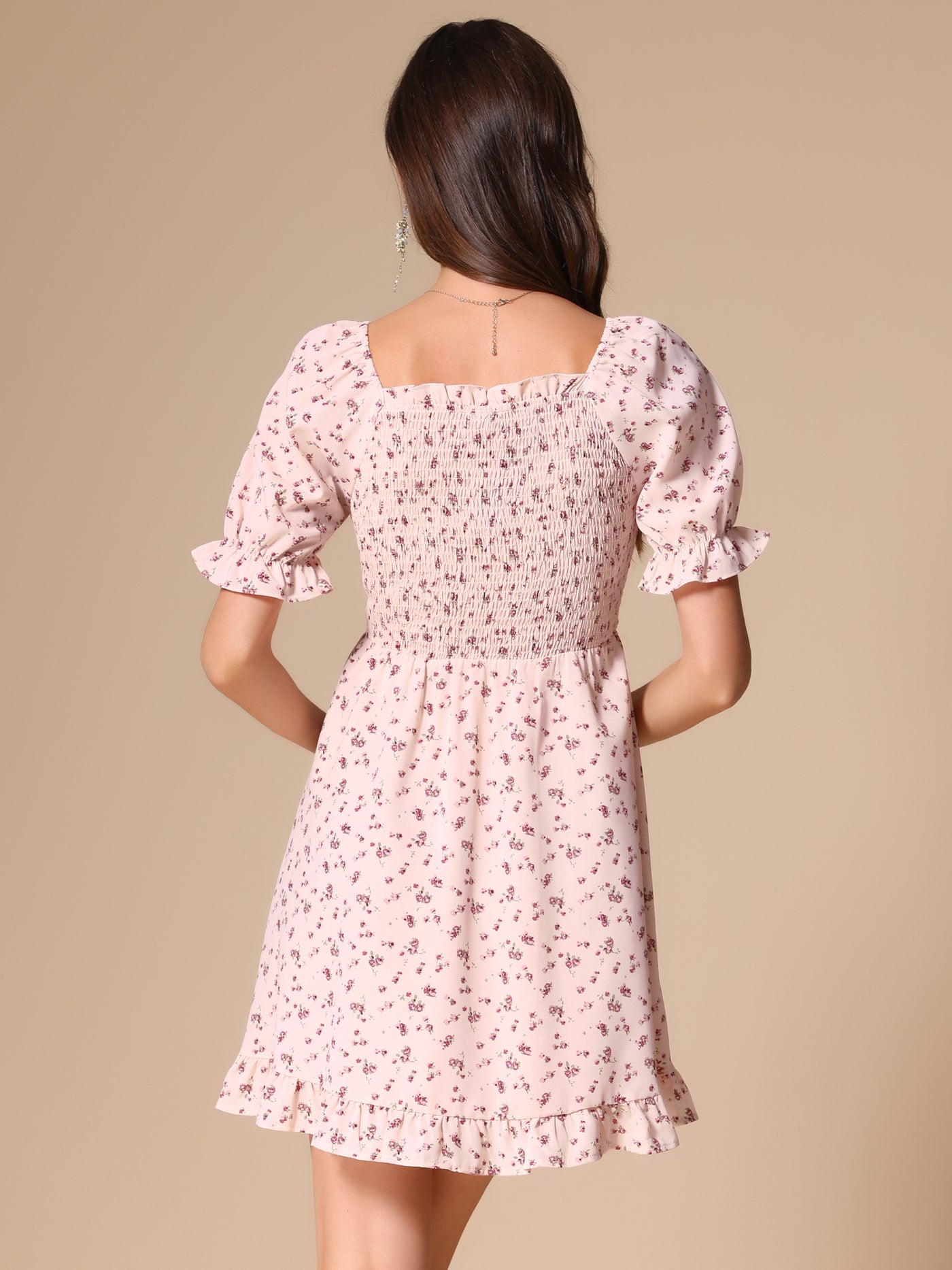 Allegra K Puff Sleeve Square Neck Ruffled Hem Floral Smocked Dress