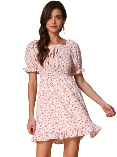 Puff Sleeve Square Neck Ruffled Hem Floral Smocked Dress