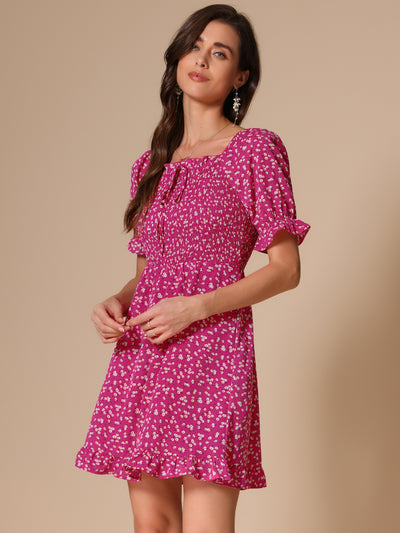 Puff Sleeve Square Neck Ruffled Hem Floral Smocked Dress