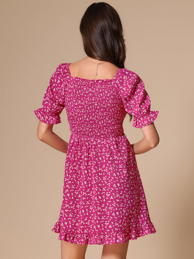 Puff Sleeve Square Neck Ruffled Hem Floral Smocked Dress